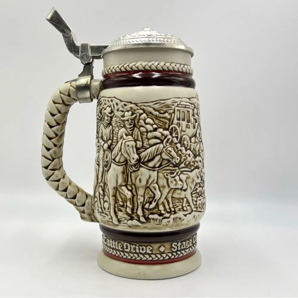 1980 Vintage‎ Avon Beer Stein Cowboy Roping Chuckwagon Cattle Drive Stage Coach